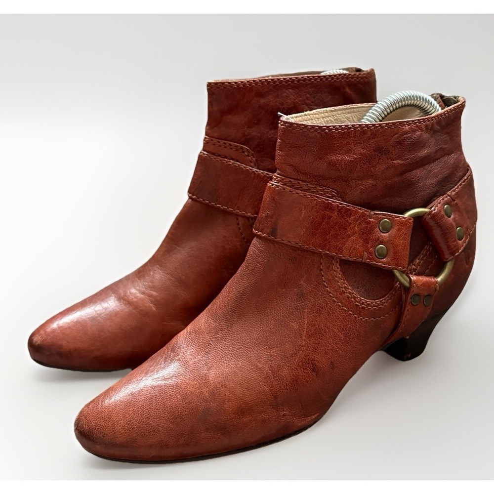 Frye Cognac Brown Steffi Harness Booties Size 6 Back Zip Almond Toe Leather Boot